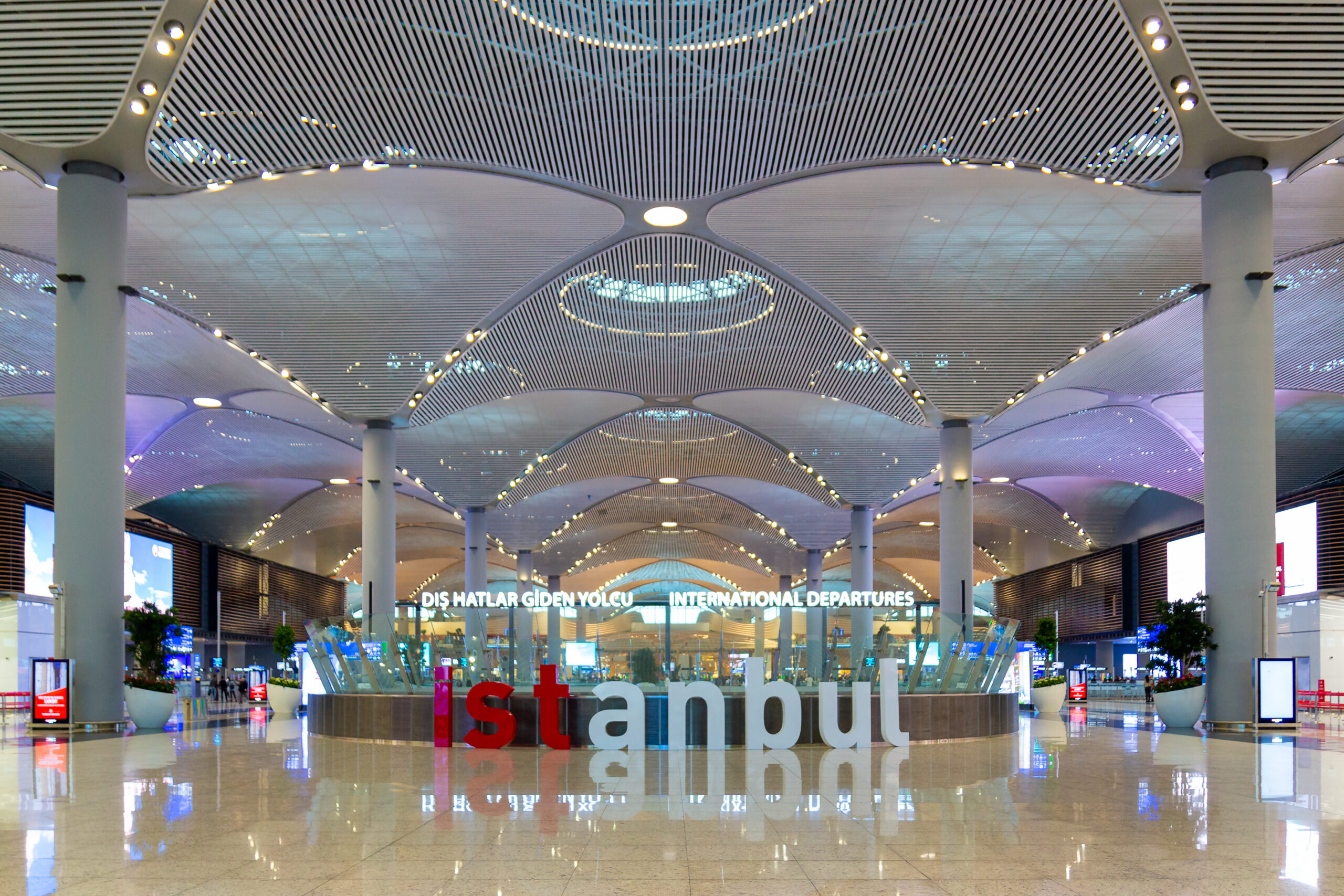 Istanbul, Turkey - October 11, 2019: welcome word ISTanbul at empty departure hall in new main Istanbul International Airport. IATA airport code - IST